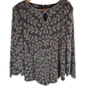 Vintage Sequin Beaded Silk 2X Black Silver Top Jakelin Designs‎